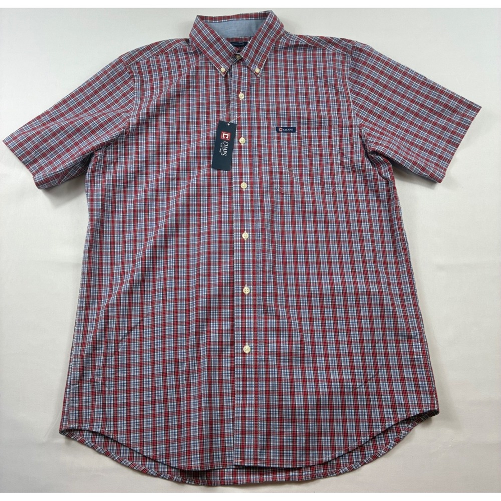 Chaps Button Down Shirt Mens Medium Red Blue Plaid Short Sleeve NWT Easy Care